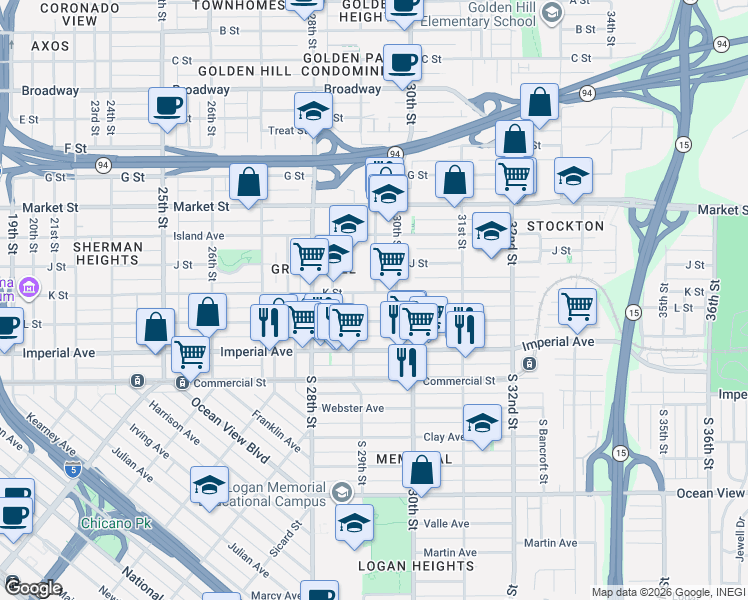 map of restaurants, bars, coffee shops, grocery stores, and more near 2956 L Street in San Diego