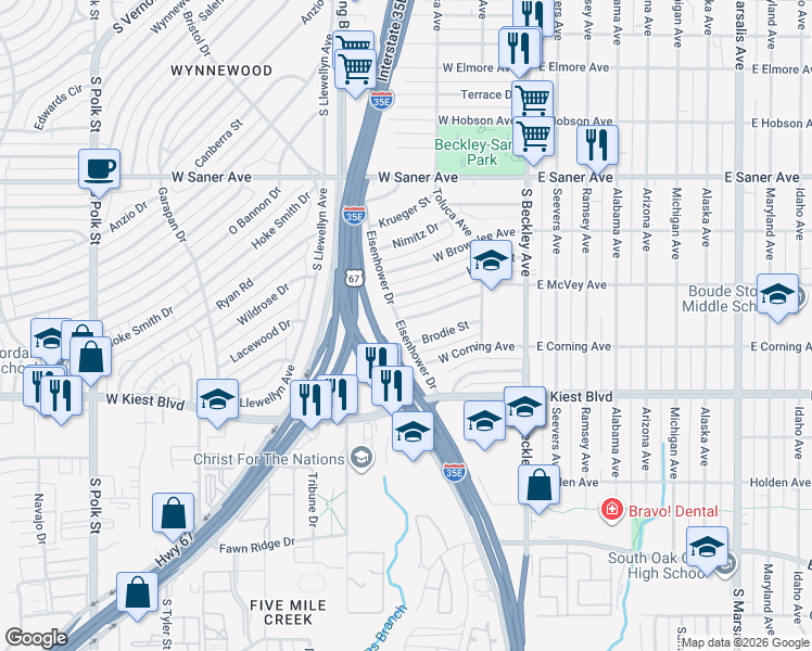 map of restaurants, bars, coffee shops, grocery stores, and more near 3047 Eisenhower Drive in Dallas
