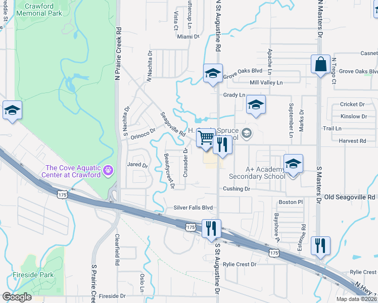 map of restaurants, bars, coffee shops, grocery stores, and more near 314 Crusader Drive in Dallas