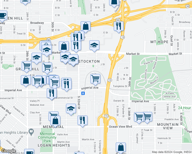 map of restaurants, bars, coffee shops, grocery stores, and more near 235 33rd Street in San Diego