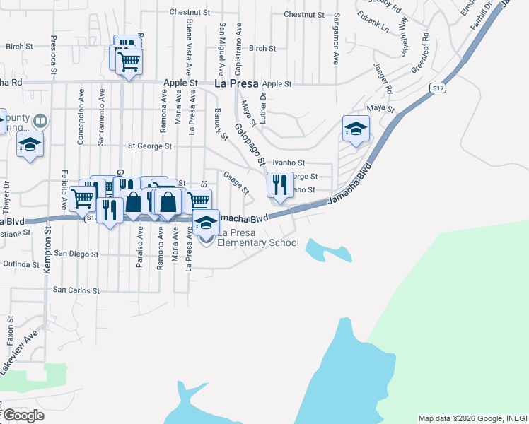 map of restaurants, bars, coffee shops, grocery stores, and more near 9738 Jamacha Boulevard in Spring Valley
