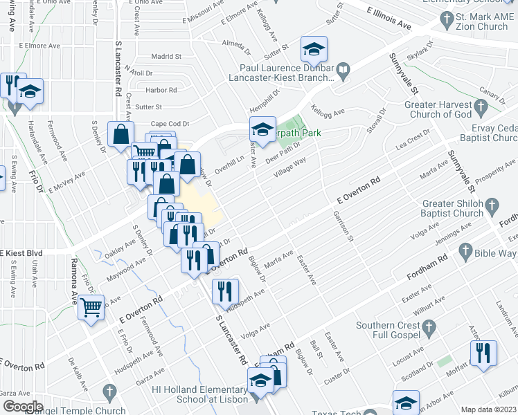 map of restaurants, bars, coffee shops, grocery stores, and more near 2144 Stovall Drive in Dallas