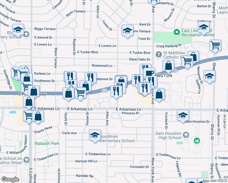 map of restaurants, bars, coffee shops, grocery stores, and more near 1616 Parkway Lane in Arlington