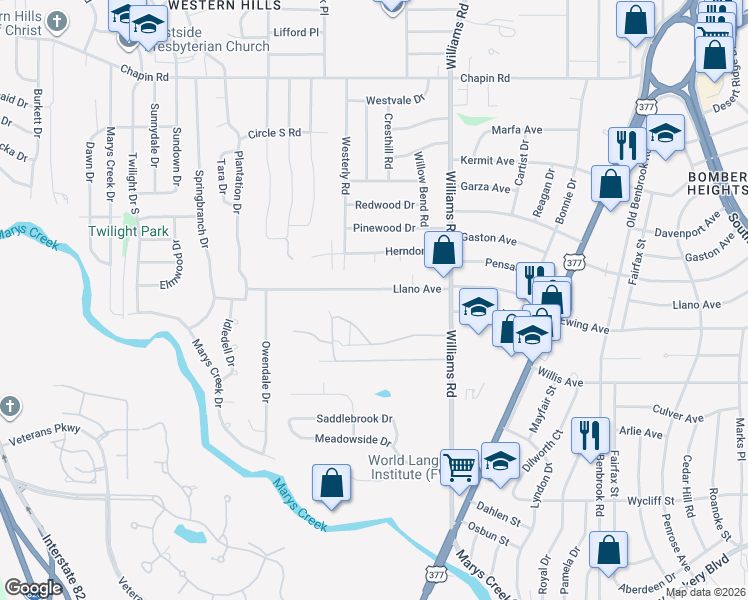 map of restaurants, bars, coffee shops, grocery stores, and more near 8116 Llano Avenue in Benbrook