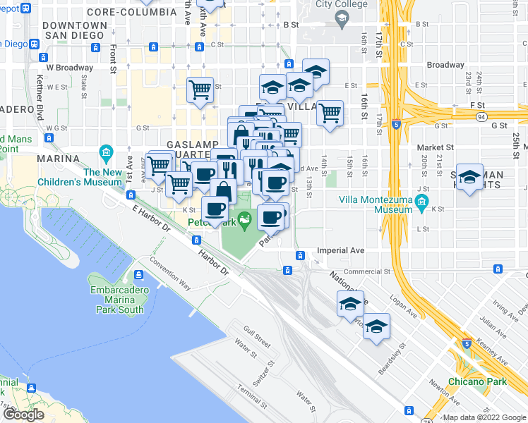 map of restaurants, bars, coffee shops, grocery stores, and more near 280 10th Avenue in San Diego