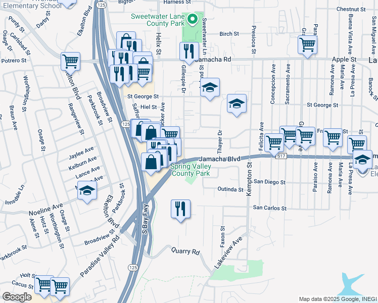 map of restaurants, bars, coffee shops, grocery stores, and more near 8913 Frederick Street in Spring Valley