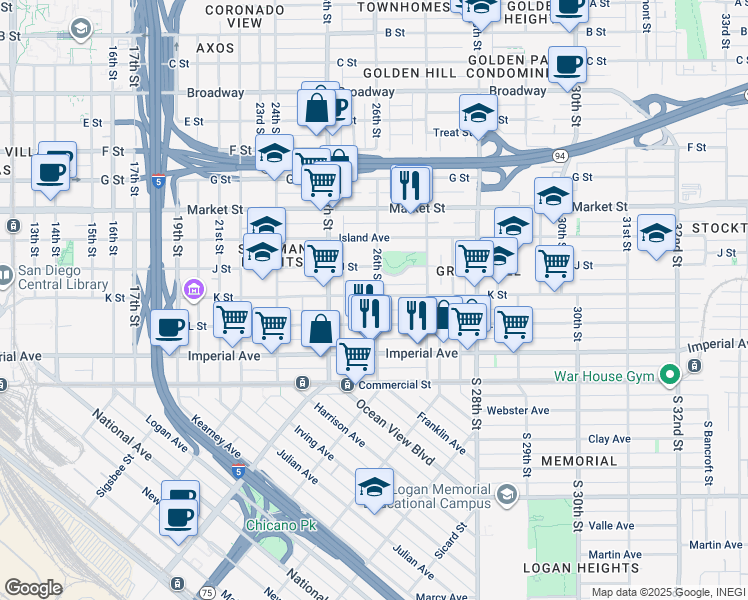 map of restaurants, bars, coffee shops, grocery stores, and more near 244 26th Street in San Diego