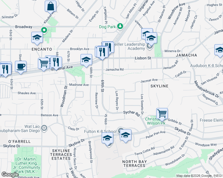 map of restaurants, bars, coffee shops, grocery stores, and more near 6937 Madrone Avenue in San Diego