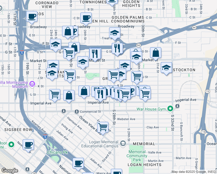 map of restaurants, bars, coffee shops, grocery stores, and more near 2759 K Street in San Diego