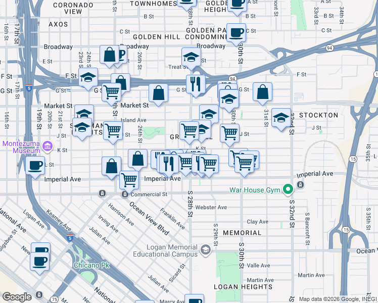 map of restaurants, bars, coffee shops, grocery stores, and more near 248 28th Street in San Diego