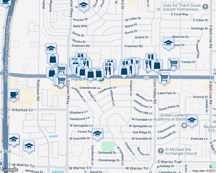 map of restaurants, bars, coffee shops, grocery stores, and more near 415 Texas 303 Spur in Grand Prairie