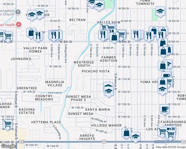 map of restaurants, bars, coffee shops, grocery stores, and more near 1025 South 14th Avenue in Yuma