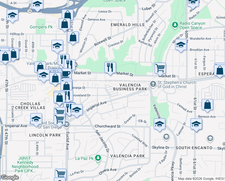 map of restaurants, bars, coffee shops, grocery stores, and more near 5505 Stevens Way in San Diego