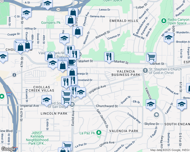 map of restaurants, bars, coffee shops, grocery stores, and more near 5266 Naranja Street in San Diego