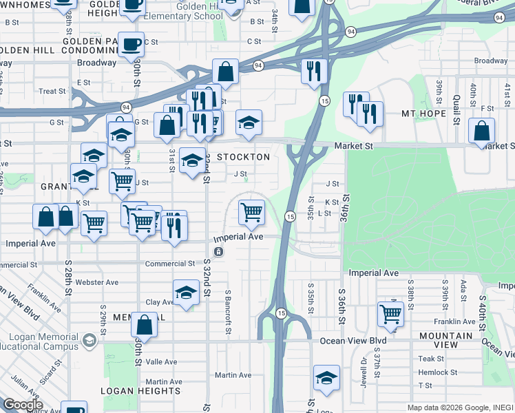 map of restaurants, bars, coffee shops, grocery stores, and more near 3348 Spring Garden Place in San Diego