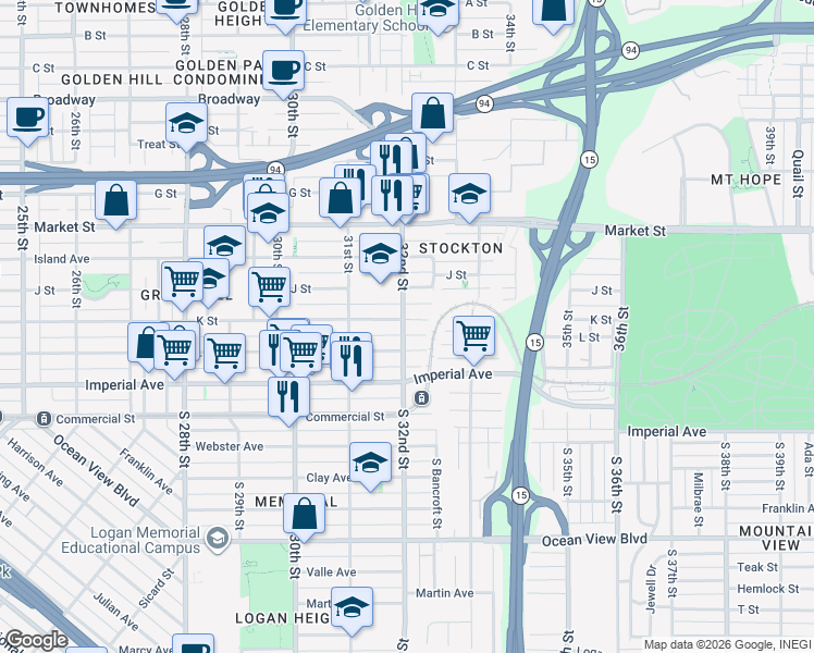 map of restaurants, bars, coffee shops, grocery stores, and more near 3221 J Street in San Diego