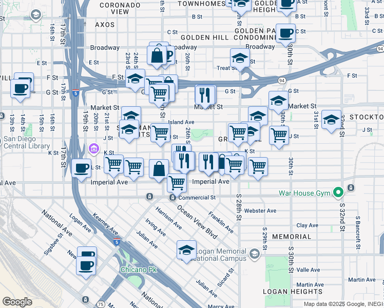 map of restaurants, bars, coffee shops, grocery stores, and more near 321 26th Street in San Diego