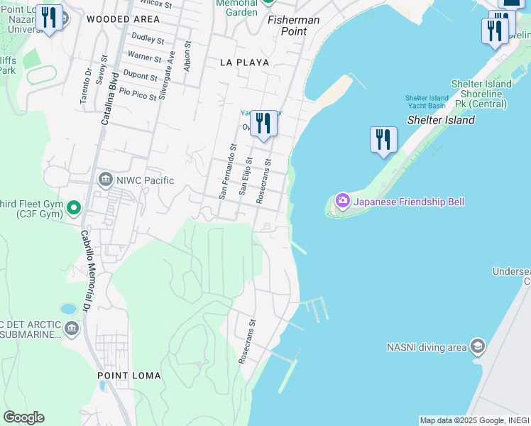 map of restaurants, bars, coffee shops, grocery stores, and more near 365 Rosecrans Street in San Diego
