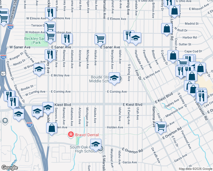 map of restaurants, bars, coffee shops, grocery stores, and more near 3014 South Marsalis Avenue in Dallas