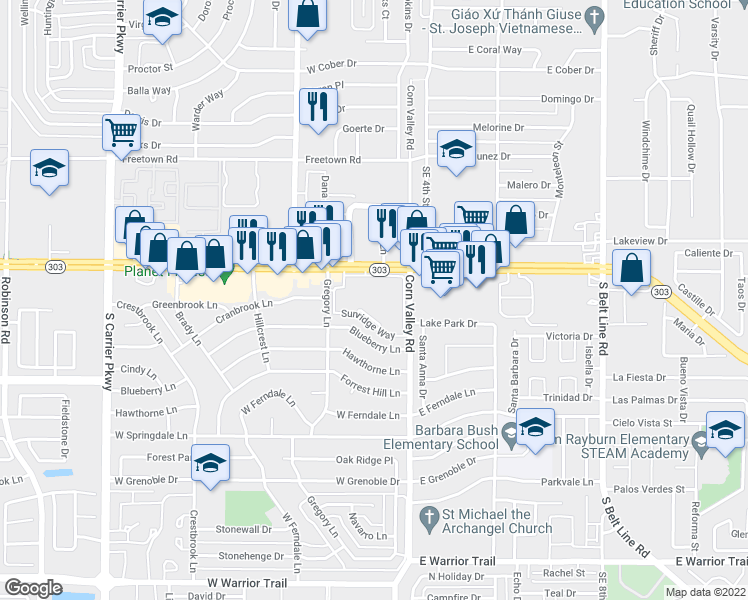 map of restaurants, bars, coffee shops, grocery stores, and more near 2 Sunridge Way in Grand Prairie