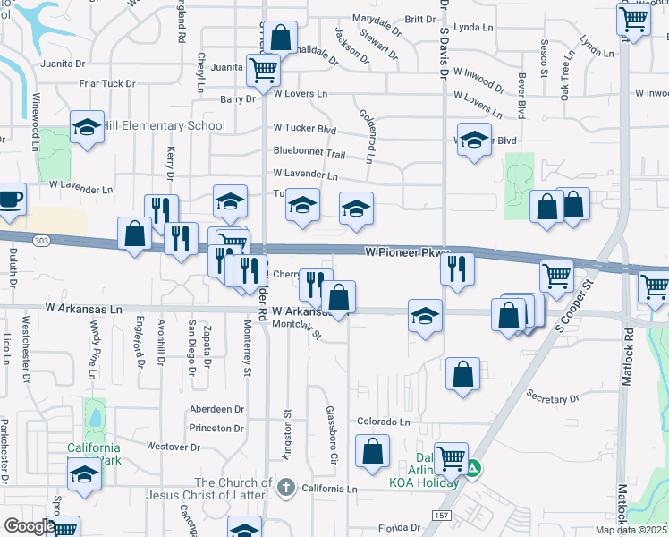 map of restaurants, bars, coffee shops, grocery stores, and more near 1333 Texas 303 Spur in Arlington