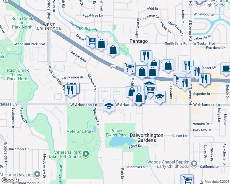 map of restaurants, bars, coffee shops, grocery stores, and more near 2203 Chase Court in Dalworthington Gardens