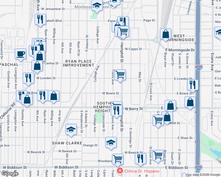 map of restaurants, bars, coffee shops, grocery stores, and more near 2932 Travis Avenue in Fort Worth