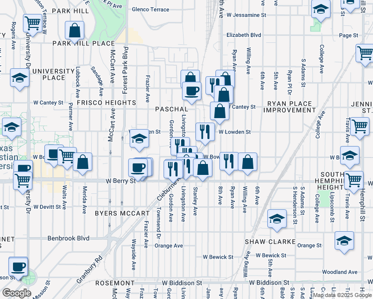 map of restaurants, bars, coffee shops, grocery stores, and more near 2913 Livingston Avenue in Fort Worth