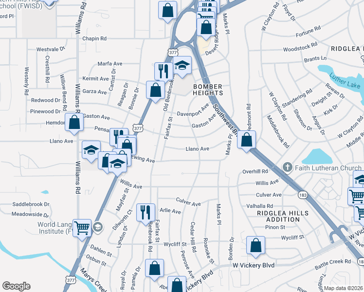 map of restaurants, bars, coffee shops, grocery stores, and more near 7408 Pensacola Avenue in Fort Worth