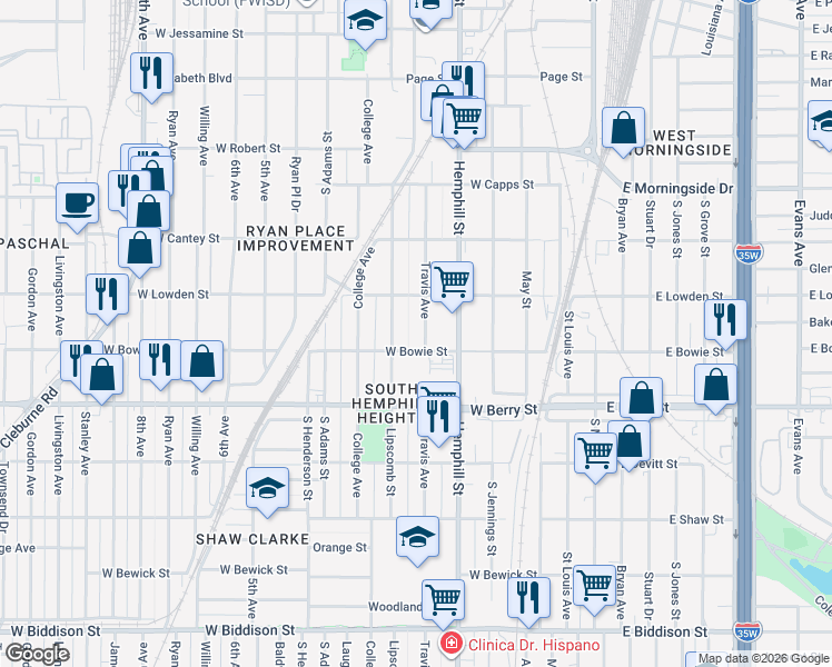 map of restaurants, bars, coffee shops, grocery stores, and more near 2932 Travis Avenue in Fort Worth
