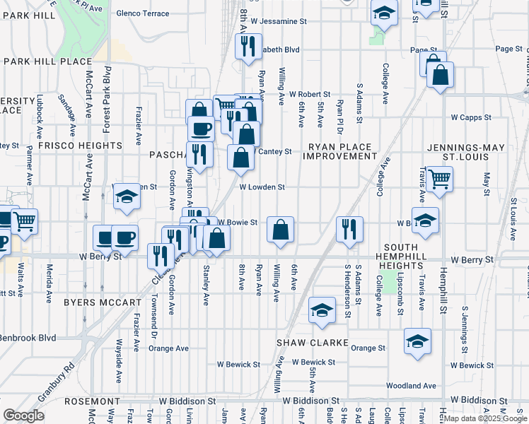 map of restaurants, bars, coffee shops, grocery stores, and more near 2933 Ryan Avenue in Fort Worth