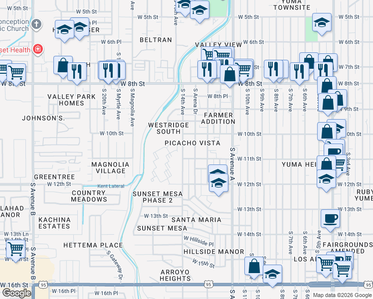 map of restaurants, bars, coffee shops, grocery stores, and more near 1025 South 14th Avenue in Yuma