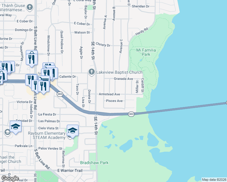 map of restaurants, bars, coffee shops, grocery stores, and more near 2438 Harrison Street in Grand Prairie