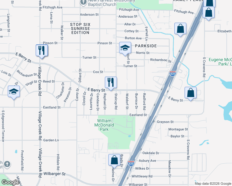 map of restaurants, bars, coffee shops, grocery stores, and more near 3767 Stalcup Road in Fort Worth