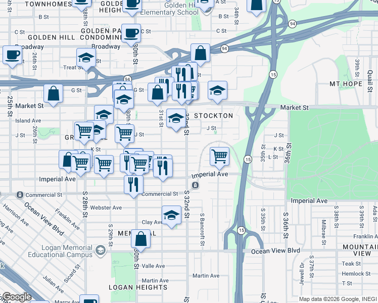 map of restaurants, bars, coffee shops, grocery stores, and more near 3221 J Street in San Diego