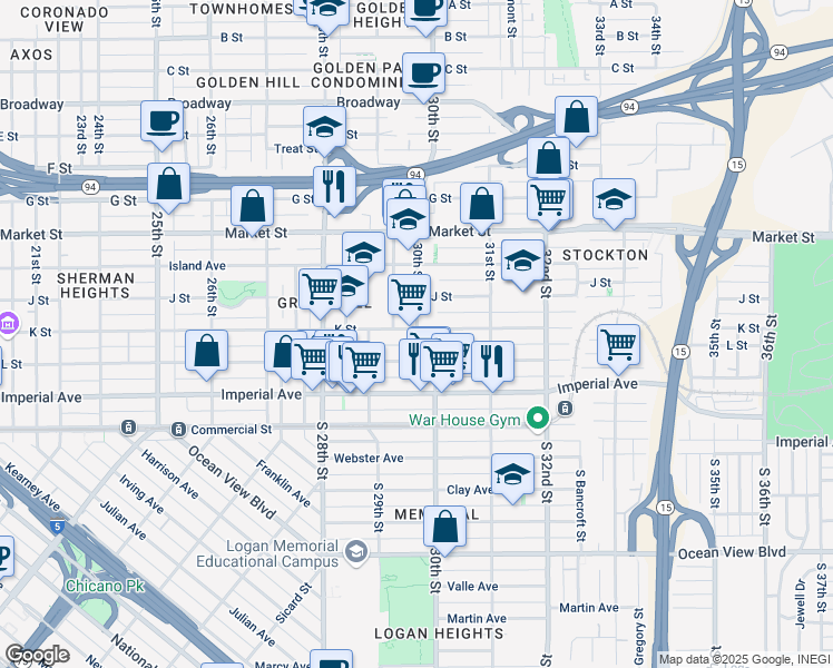 map of restaurants, bars, coffee shops, grocery stores, and more near 320 30th Street in San Diego