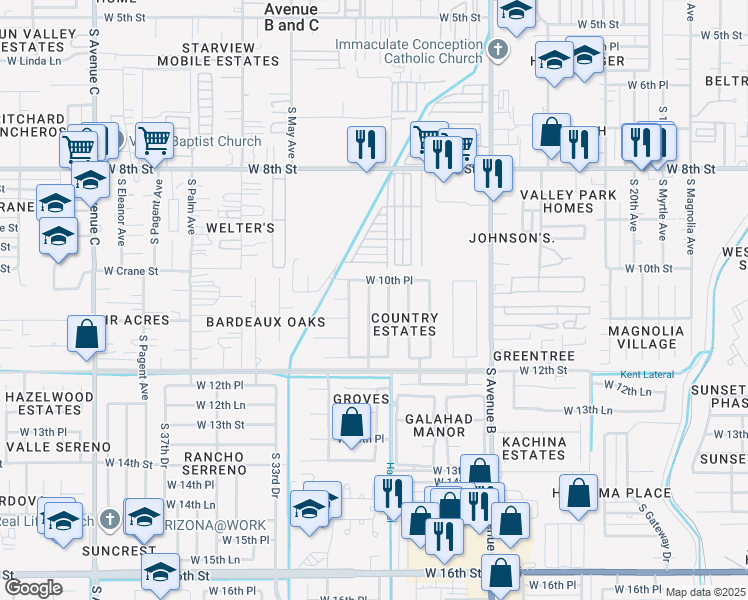 map of restaurants, bars, coffee shops, grocery stores, and more near 1053 South Appaloosa Lane in Yuma