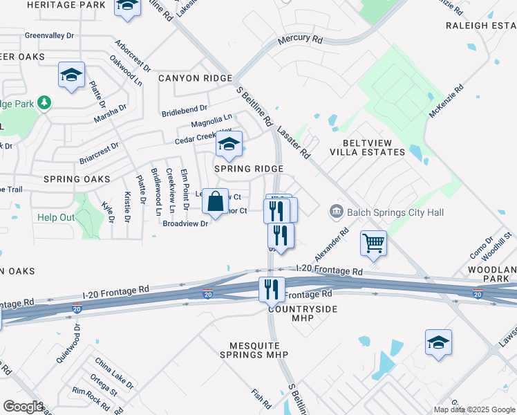 map of restaurants, bars, coffee shops, grocery stores, and more near 4633 Timbercrest Way in Balch Springs