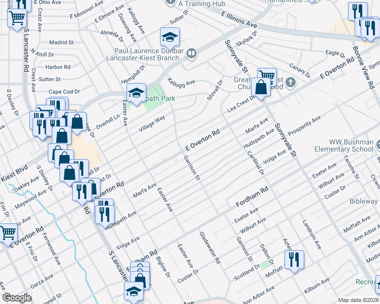 map of restaurants, bars, coffee shops, grocery stores, and more near 2421 East Overton Road in Dallas