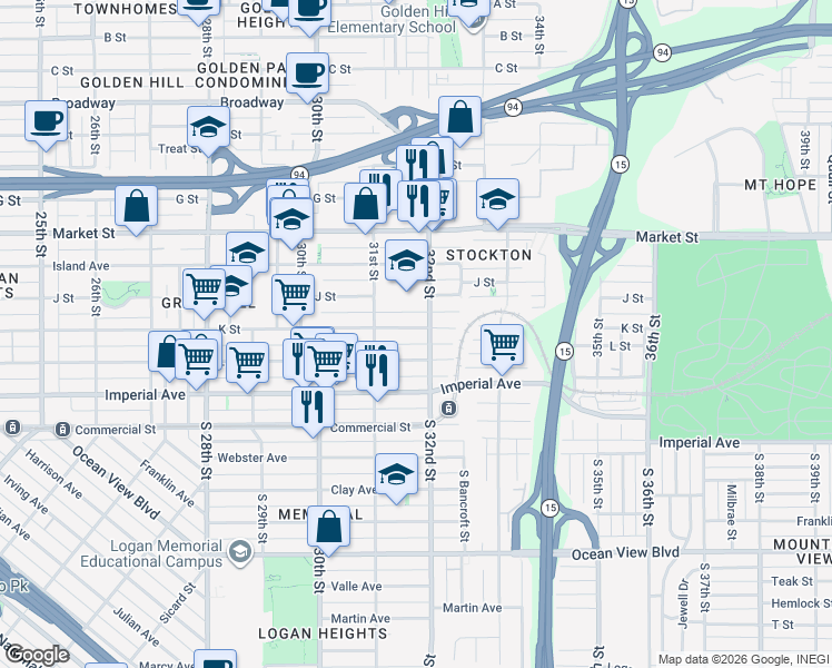 map of restaurants, bars, coffee shops, grocery stores, and more near 3175 K Street in San Diego