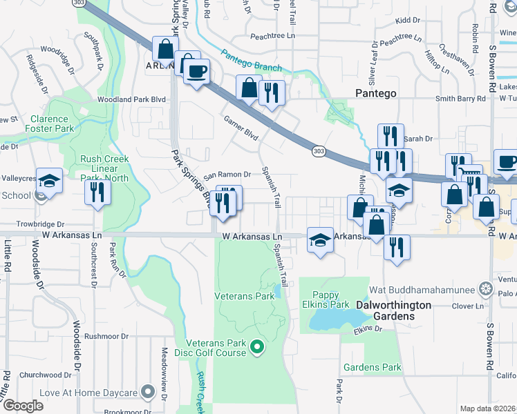 map of restaurants, bars, coffee shops, grocery stores, and more near 3608 San Rafael Drive in Arlington