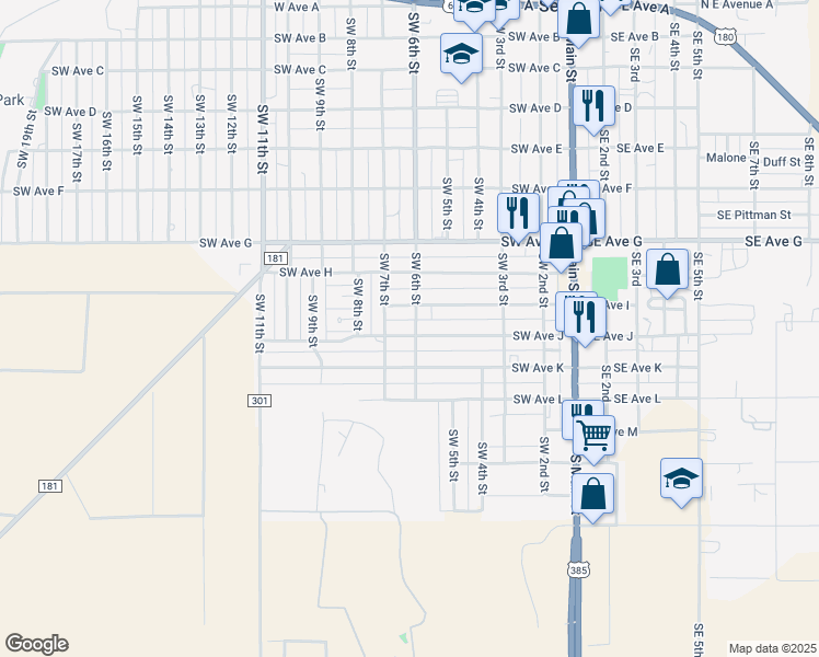 map of restaurants, bars, coffee shops, grocery stores, and more near 301-399 SW Ave I in Seminole