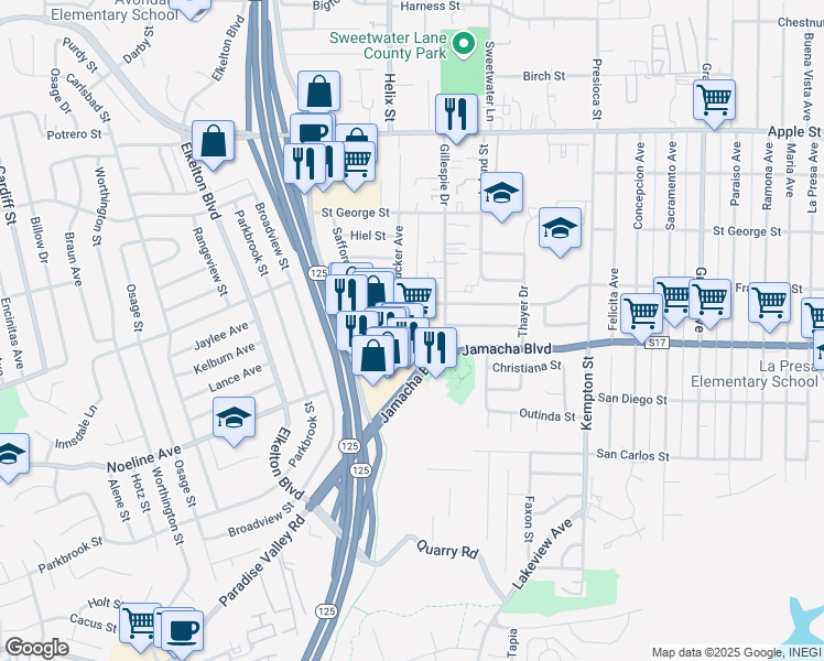 map of restaurants, bars, coffee shops, grocery stores, and more near in La Presa