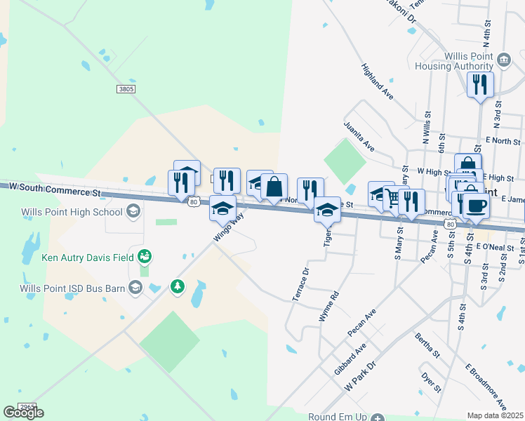 map of restaurants, bars, coffee shops, grocery stores, and more near 101 County Road 3805 in Wills Point
