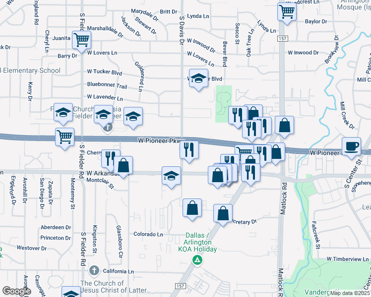 map of restaurants, bars, coffee shops, grocery stores, and more near 1192 West Pioneer Parkway in Arlington