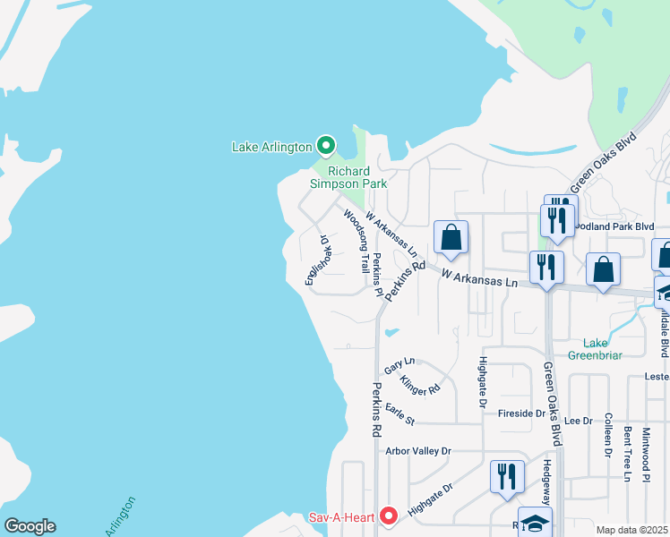 map of restaurants, bars, coffee shops, grocery stores, and more near 2206 Englishoak Drive in Arlington