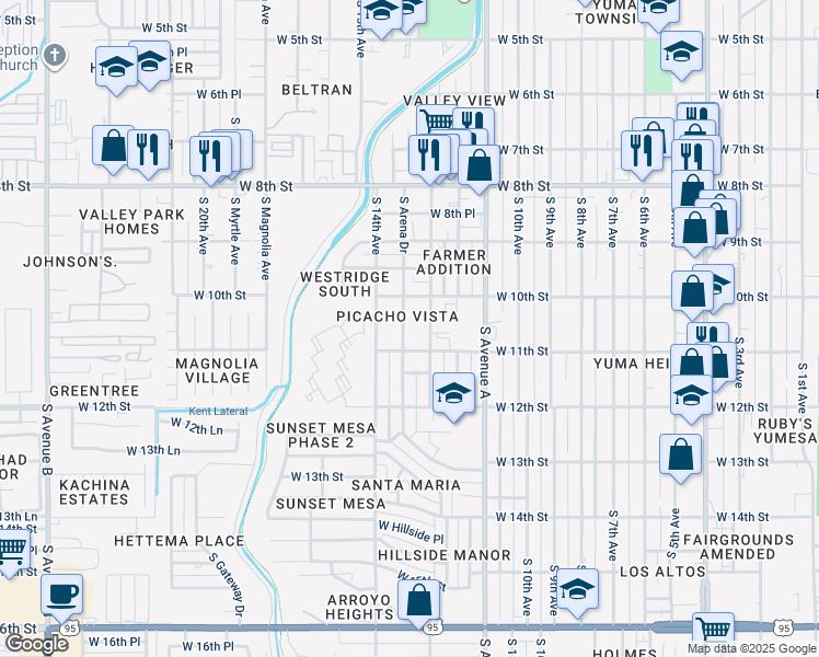 map of restaurants, bars, coffee shops, grocery stores, and more near 1061 South Arena Drive in Yuma