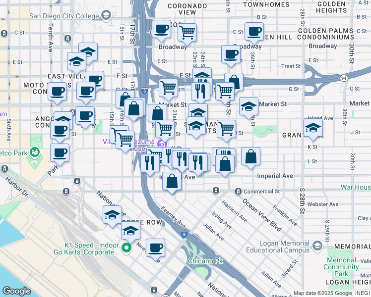 map of restaurants, bars, coffee shops, grocery stores, and more near K St & 22nd St in San Diego