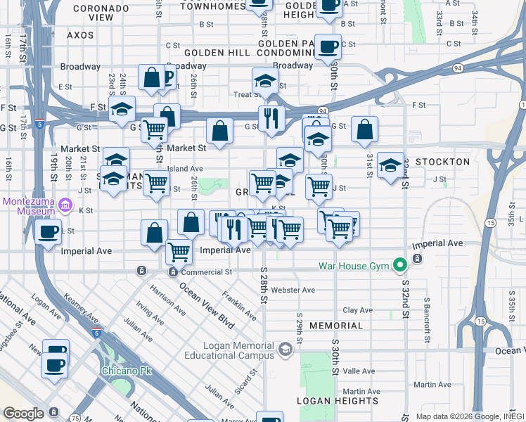 map of restaurants, bars, coffee shops, grocery stores, and more near 248 28th Street in San Diego