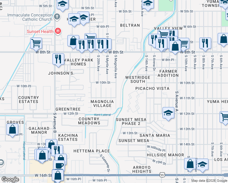 map of restaurants, bars, coffee shops, grocery stores, and more near 1000-1098 S Magnolia Ave in Yuma
